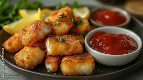 Wallpaper Mural Crispy Fried Fish Sticks with Ketchup and Lemon Wedges Torontodigital.ca