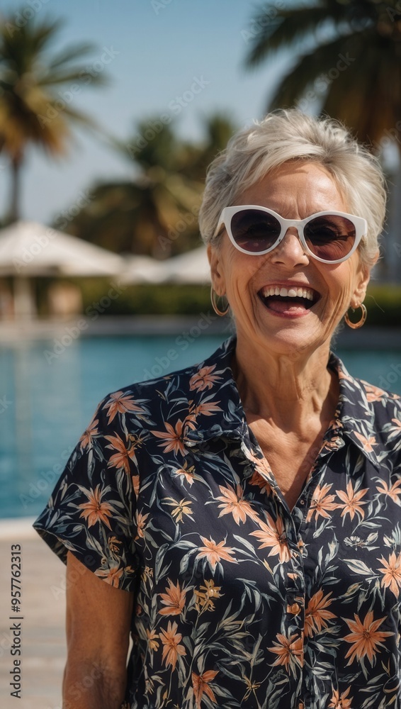 A woman with a beaming smile is wearing sunglasses and a floral shirt A woman with a beaming smile is wearing sunglasses and a floral shirt