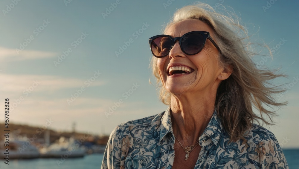 A woman with a beaming smile is wearing sunglasses and a floral shirt A woman with a beaming smile is wearing sunglasses and a floral shirt