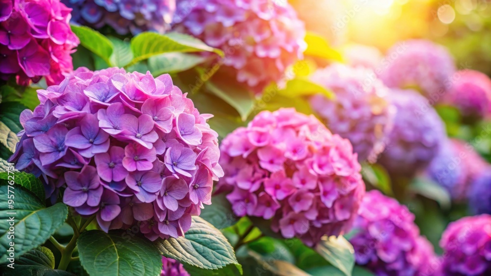 Pink and purple hydrangea flowers in full bloom on a bush under the bright sun , hydrangea, flowers, bush, pink, purple, sunny day Pink and purple hydrangea flowers in full bloom on a bush under the bright sun , hydrangea, flowers, bush, pink, purple, sunny day