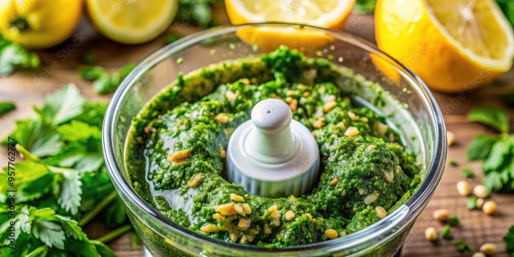 Close-up of making chimichurri sauce in food processor with lemon zest , Chimichurri, sauce, food processor Close-up of making chimichurri sauce in food processor with lemon zest , Chimichurri, sauce, food processor