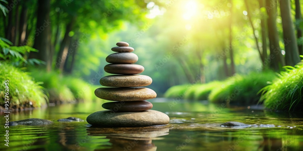 Obraz premium Zen stone pyramid amidst tranquil nature setting , meditation, calm, peaceful, balance, harmony, zen, rocks, stack