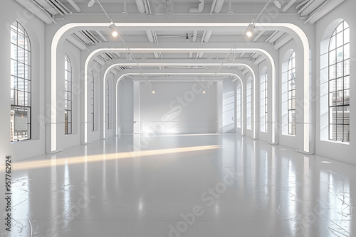 A white studio room with a spotlight gradient provides a clean and luxurious backdrop for premium product photography, featuring an empty floor and ample lighting 