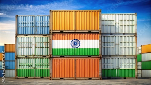 India flag containers at terminal for export/import, India, flag, containers, terminal, export, import, concept