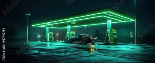 Electric Vehicle Charging at a Futuristic Station at Night photo