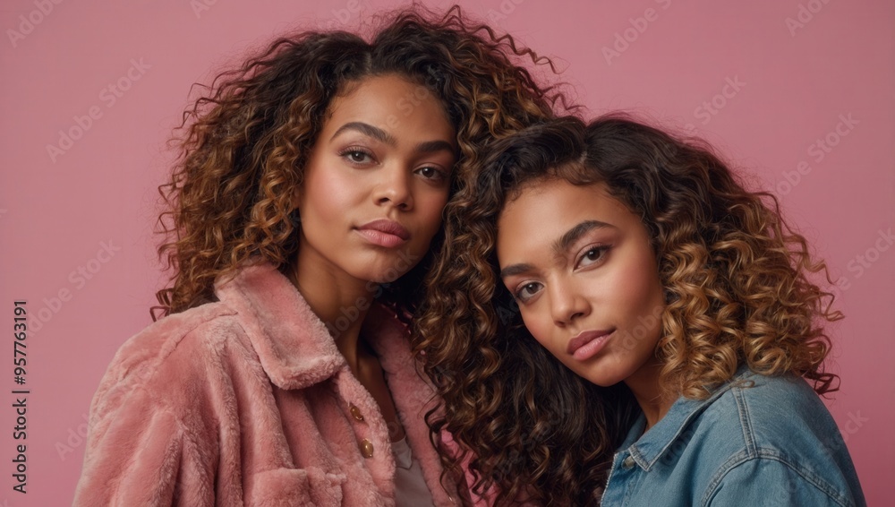 Two women with curly hair wearing a pink coat and a texas jacket Two women with curly hair wearing a pink coat and a texas jacket