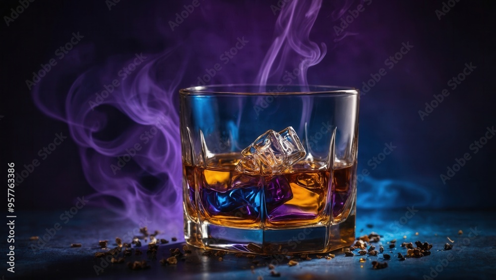 A glass of liquor with ice cubes and a blue ice cube A glass of liquor with ice cubes and a blue ice cube