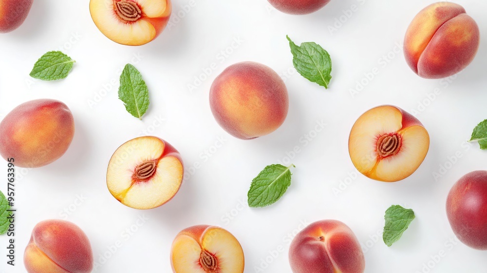 A flat lay of whole and halved nectarines with mint leaves on a white background. A flat lay of whole and halved nectarines with mint leaves on a white background.