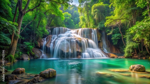 Beautiful Erawan waterfall cascading through lush tropical forest in Kanchanaburi, Thailand, waterfall, Erawan, Kanchanaburi