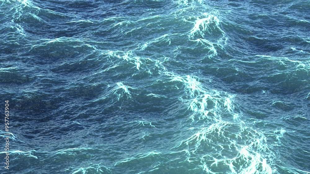 Ocean waves with foam patterns moving across the water's surface 3d rendered realistic natural background 4k video footage. Ocean waves with foam patterns moving across the water's surface 3d rendered realistic natural background 4k video footage.