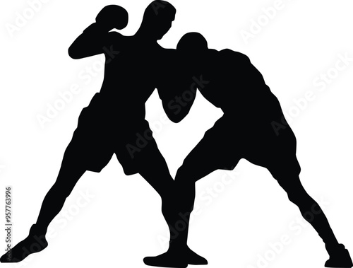 Boxer silhouette illustration. People pose while boxing isolated on white.