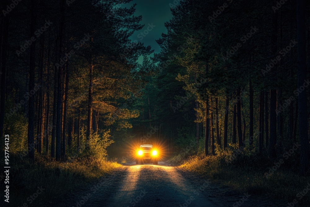 Obraz premium Night road in pine forest, car headlights illuminating the path, mysterious and adventurous