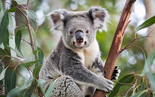 Koala in a Eucalyptus Tree: Close-Up with Lush Green Background