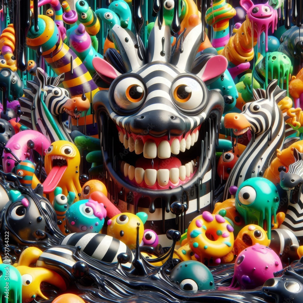 A Whimsical Jungle of Colors: A Vibrant Blend of Playful Creatures and a Quirky Zebra in a Melting Wonderland of Fun A Whimsical Jungle of Colors: A Vibrant Blend of Playful Creatures and a Quirky Zebra in a Melting Wonderland of Fun