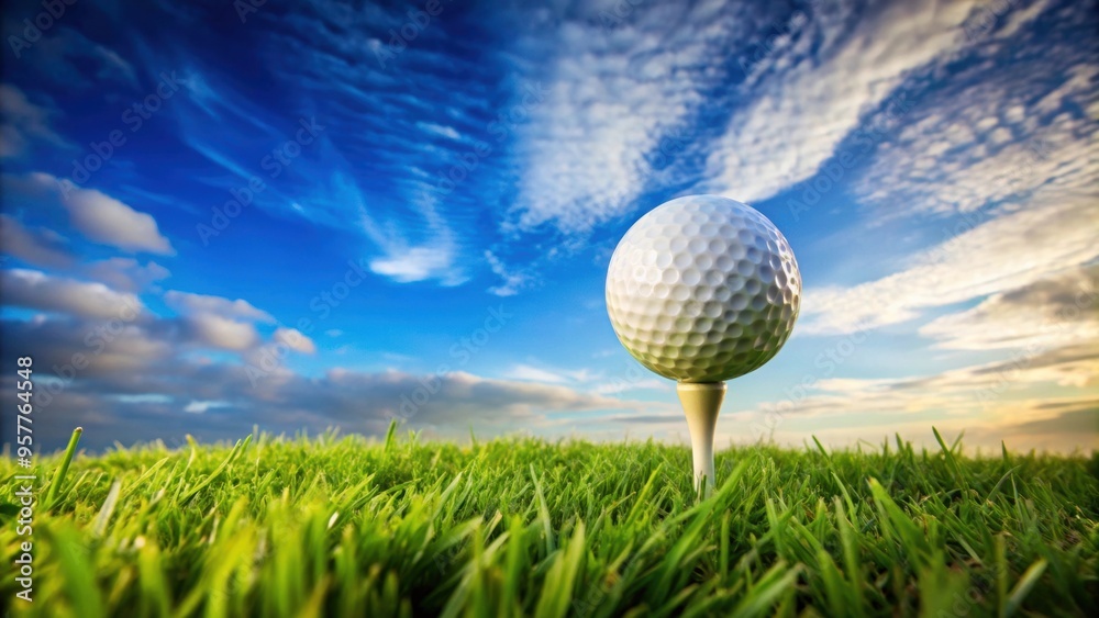 Golf ball on tee with lush green grass and blue sky background, sport, golf, recreation, equipment, tee off, outdoor, leisure Golf ball on tee with lush green grass and blue sky background, sport, golf, recreation, equipment, tee off, outdoor, leisure