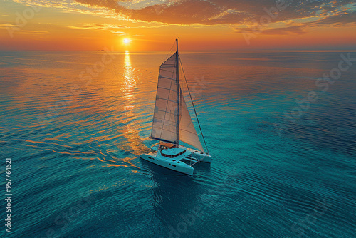 A wide-angle view captures majestic white catamaran gracefully gliding across sparkling azure water, set against backdrop of a clear blue sky, as sun begins to set, casting a warm golden glow over tra photo