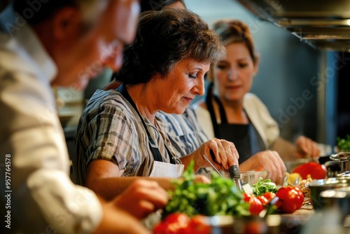 Middle-aged friends in a cooking class, learning to make gourmet meals with the guidance of a professional chef photo