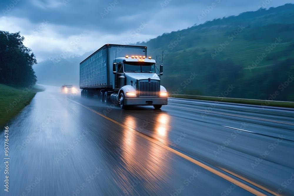 A transport truck speeding down a rain-soaked road at dusk, with motion blur highlighting its speed and the challenges of driving in adverse weather A transport truck speeding down a rain-soaked road at dusk, with motion blur highlighting its speed and the challenges of driving in adverse weather