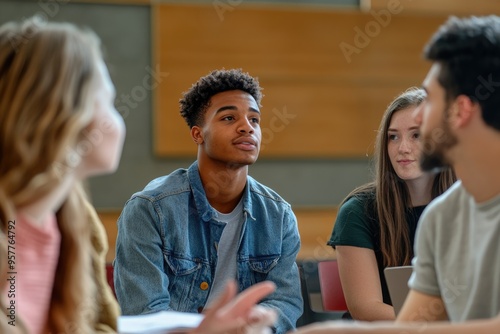 A small group of students attentively listens to a professor's explanation, symbolizing the importance of personalized attention and collaborative learning in education