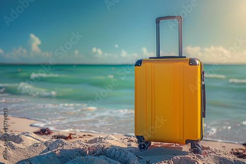 A wide-angle view captures vibrant, sun-kissed scene of a yellow modern suitcase with small wheels standing proudly on soft, powdery sand against backdrop of glistening turquoise sea, evoking exciteme photo