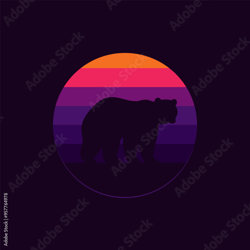 Silhouette of a bear against a striped retro sunset. Original vector illustration in vintage style isolated on black background. T-shirt design.
