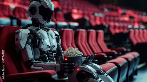 Humanoid robot enjoying a movie with popcorn in an empty theater