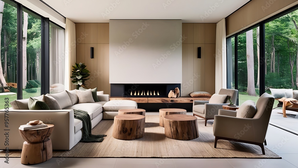 Fototapeta premium Describe a modern living room that incorporates a blend of natural and contemporary elements
