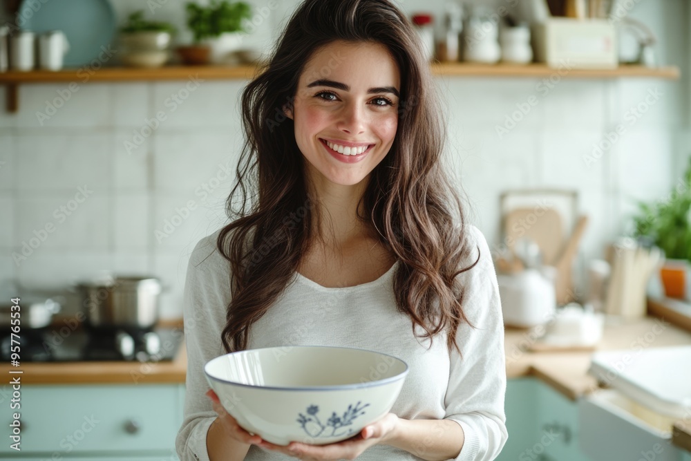 A beautiful woman in a bright kitchen, holding a mixing bowl and smiling at the camera, preparing to start a cooking project with enthusiasm and charm A beautiful woman in a bright kitchen, holding a mixing bowl and smiling at the camera, preparing to start a cooking project with enthusiasm and charm