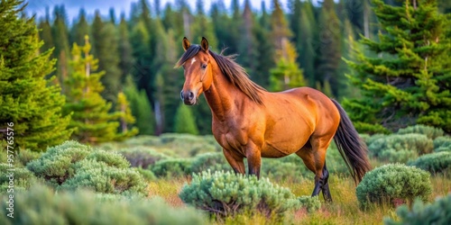 Majestic wild horse wandering among lush greenery in the Pryor Mountains, Montana, wild, horse, equine, wildlife photo