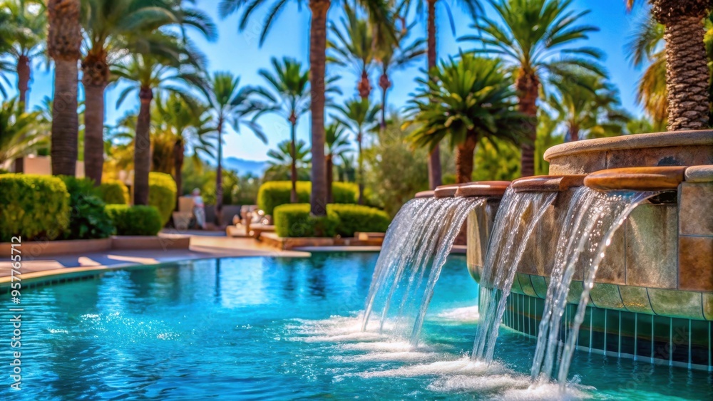 Close-up of a fountain waterfall in a luxury pool near the hotel with palm trees for tourists, luxury, pool, fountain Close-up of a fountain waterfall in a luxury pool near the hotel with palm trees for tourists, luxury, pool, fountain
