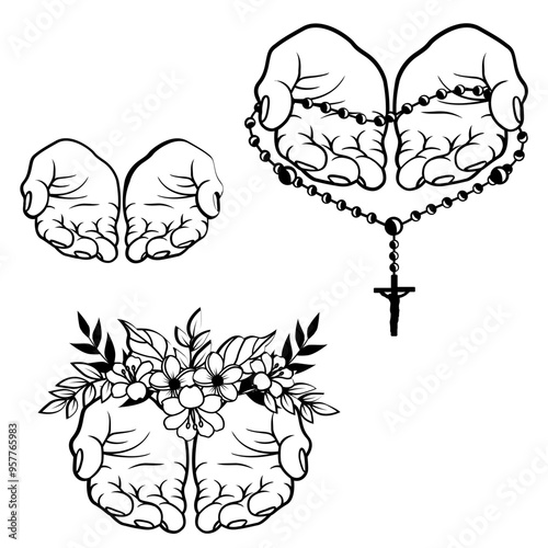 Floral Holy Rosary | Open Hand w/Rosary | Christian Faith | Prayer Beads | Rosary with Flowers | Religions | Holy Prayer | Rosary | Original Illustration | Vector and Clipart | Cutfile and Stencil