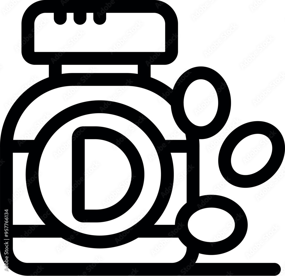 Simple bold black and white line art icon of a vitamin d bottle spilling open with pills falling out Simple bold black and white line art icon of a vitamin d bottle spilling open with pills falling out