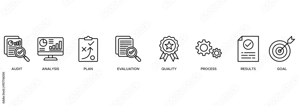 Assessment icon set vector illustration banner web with audit, analysis, plan, evaluation, quality, process, results and goal