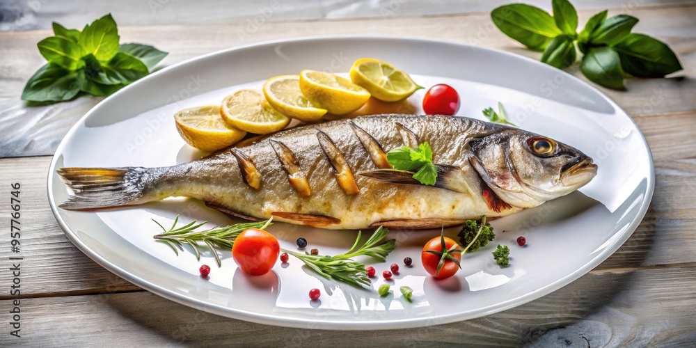 Grilled fish served on a white plate in a restaurant , seafood, delicious, gourmet, dinner, cuisine, cooking, healthy, fresh, fish Grilled fish served on a white plate in a restaurant , seafood, delicious, gourmet, dinner, cuisine, cooking, healthy, fresh, fish
