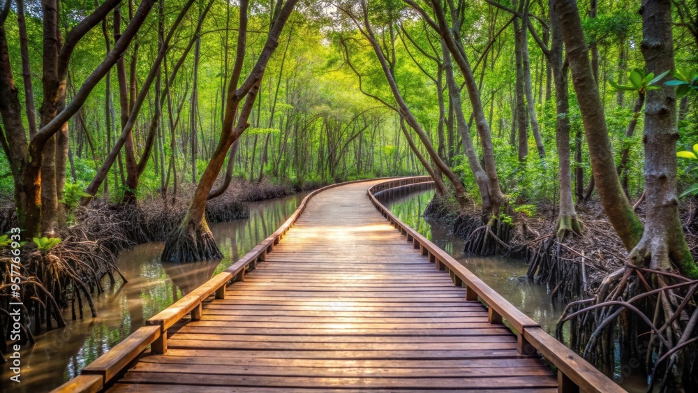 Wooden walkway winding through lush mangrove forest in Ko Yo, Songkhla Province, Thailand Wooden walkway winding through lush mangrove forest in Ko Yo, Songkhla Province, Thailand