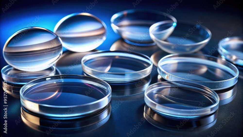 Close-up of high-quality quartz glass lenses and glasses for instrument optics, quartz glass, lenses