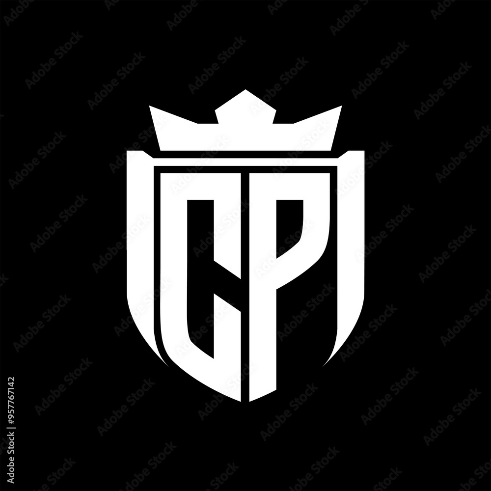 CP Letter logo shield shape inside shield badge crown on black background template design CP Letter logo shield shape inside shield badge crown on black background template design