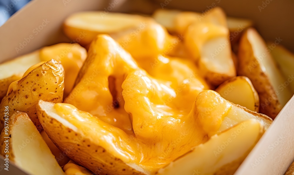 golden slices covered in a creamy cheddar chili cheese sauce, Generative AI golden slices covered in a creamy cheddar chili cheese sauce, Generative AI
