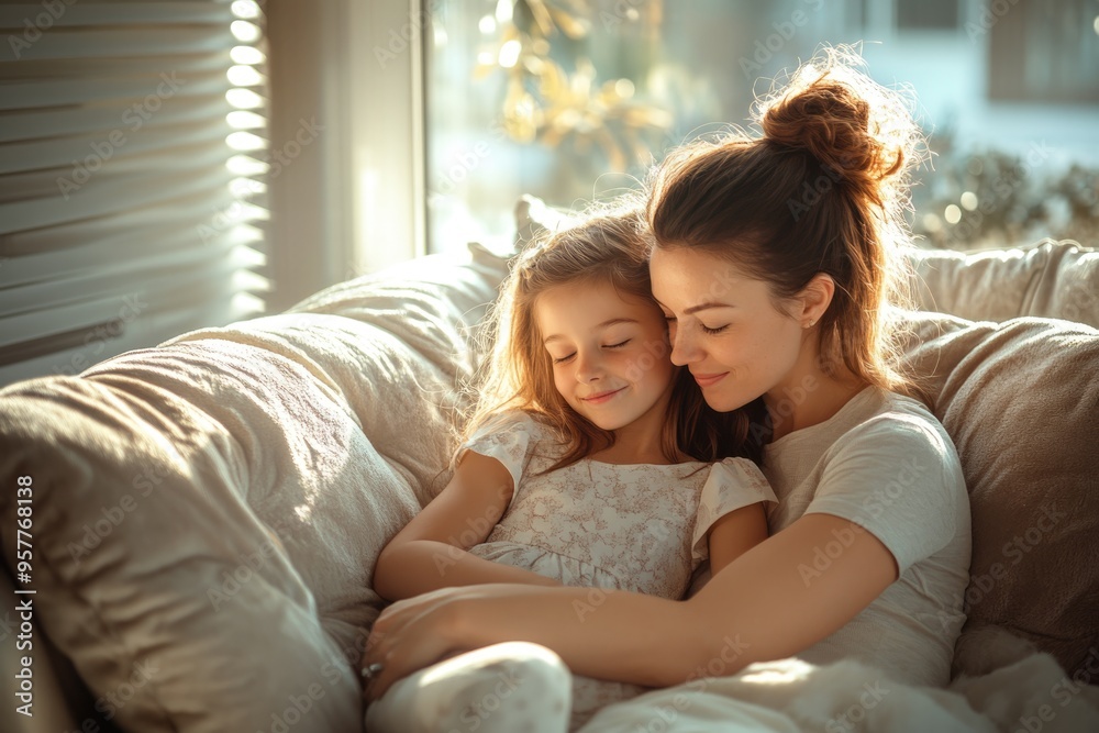 High-resolution brightly lit photorealistic candid photograph of a loving mother and daughter relaxing on a soft couch in a stylish, sunlit living room. The photo is styled like a premium lifestyle High-resolution brightly lit photorealistic candid photograph of a loving mother and daughter relaxing on a soft couch in a stylish, sunlit living room. The photo is styled like a premium lifestyle