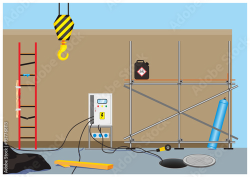 Various kind of safety hazard in the workplace vector illustration. Unsafe condition in the site project.