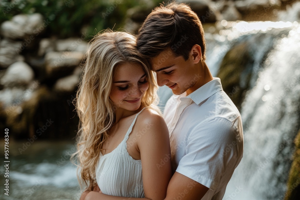 High-resolution brightly lit photorealistic candid photograph of a young couple standing close together by a waterfall, their faces lit with joy and love. The photograph is styled like a high-end