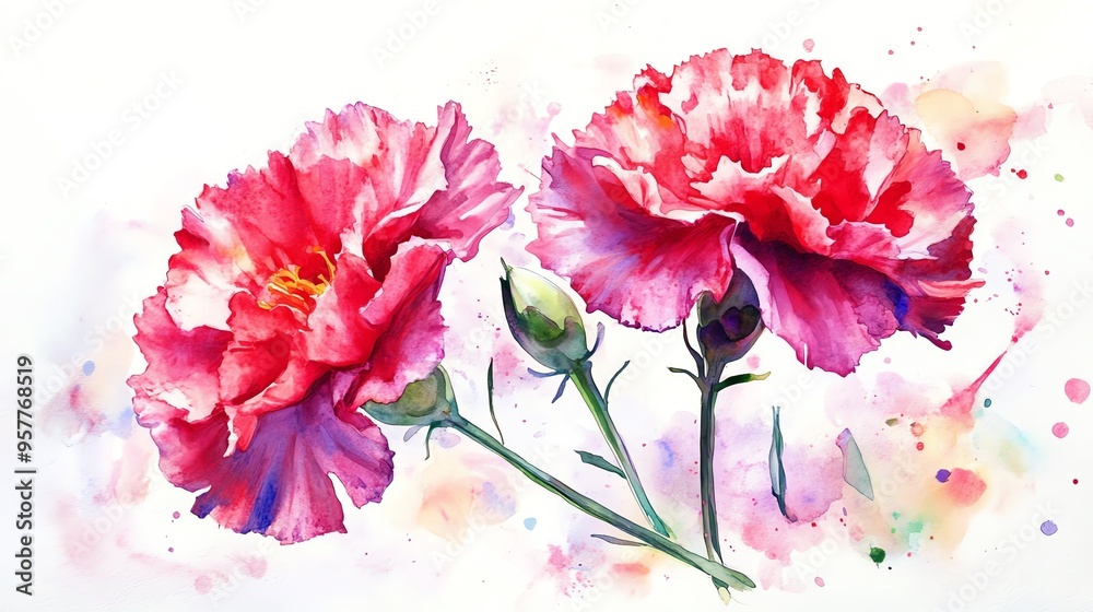 Beautiful watercolor painting of two vibrant pink flowers with green stems and colorful splashes background. Beautiful watercolor painting of two vibrant pink flowers with green stems and colorful splashes background.