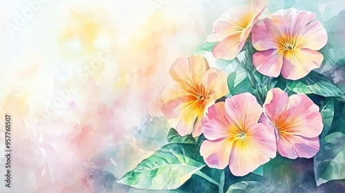 Beautiful watercolor painting of pink and yellow flowers with green leaves, creating a serene and colorful ambiance.