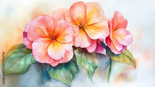 Wallpaper Mural Delicate watercolor painting of pink flowers with vibrant petals and lush green leaves, perfect for floral art and decor. Torontodigital.ca