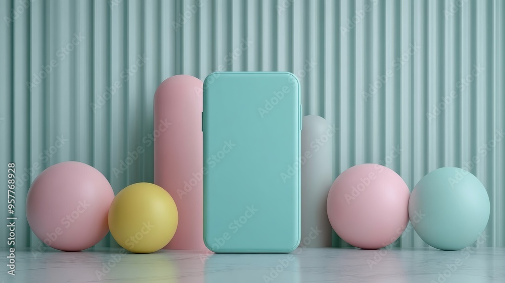 Fototapeta premium A dynamic abstract arrangement featuring pastel-hued spheres and cubes, offering a playful and modern visual style with smooth gradients.