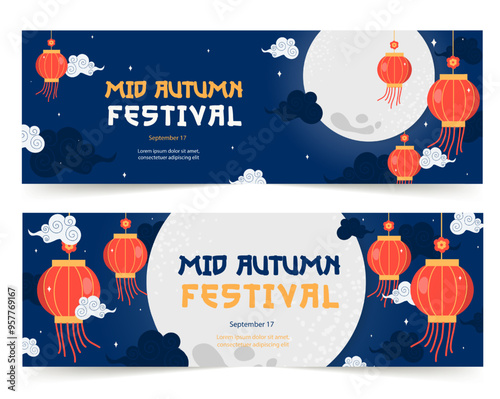 Mid-Autumn Festival banners with lanterns and moon. Vector illustrations