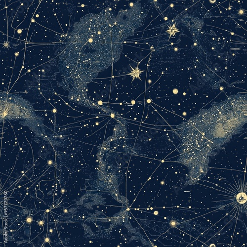 Seamless celestial pattern with intricate constellations, astrology-inspired design. Cosmic background, stylized star maps, dark blue tones, mystical.
