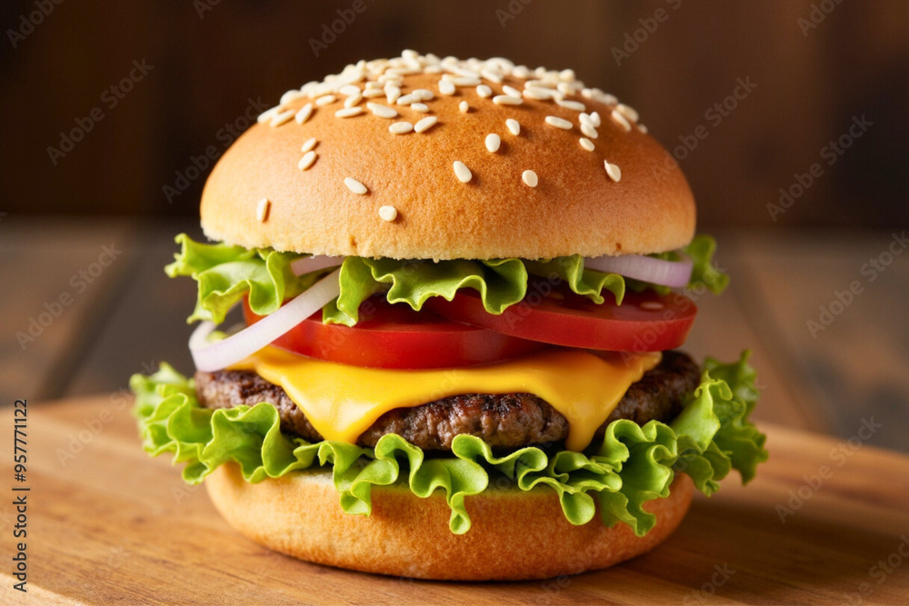 Mouthwatering Cheeseburger with Lettuce, Tomato, Onions on Sesame Seed Bun | Burger Image | Burger Closeup Shot Mouthwatering Cheeseburger with Lettuce, Tomato, Onions on Sesame Seed Bun | Burger Image | Burger Closeup Shot