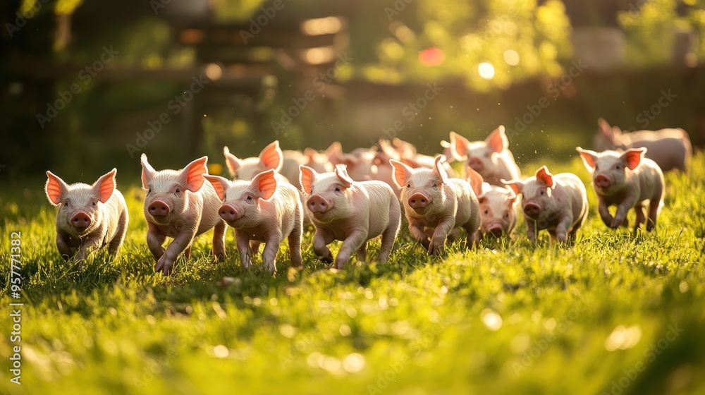 Naklejka premium Playful Piglets Running in a Sunny Meadow