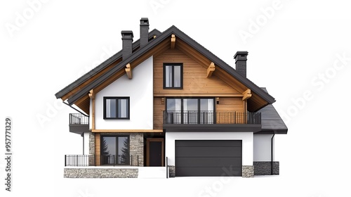 3D rendering of a cozy modern house in chalet style with garage. Isolated on white.